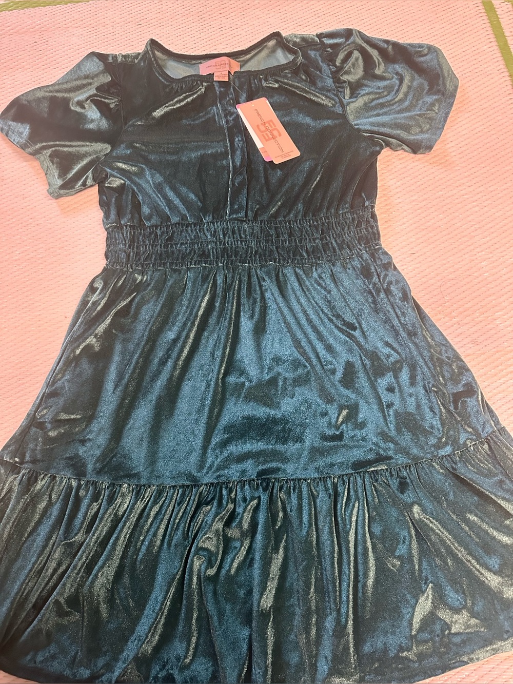 French Connection Shimmery Teal Velvet Short Sleeve Dress